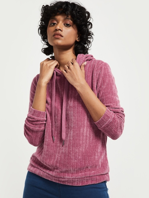 

max Women Mauve Coloured Solid Hooded Sweatshirt