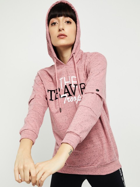 

max Women Pink Typography Printed Hooded Sweatshirt