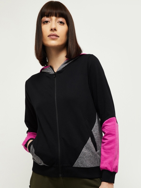 

max Women Black & Pink Colourblocked Front-Open with Zip Detail Sweater