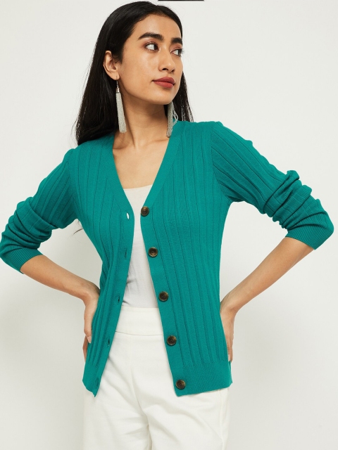 

max Women Teal Ribbed Cardigan