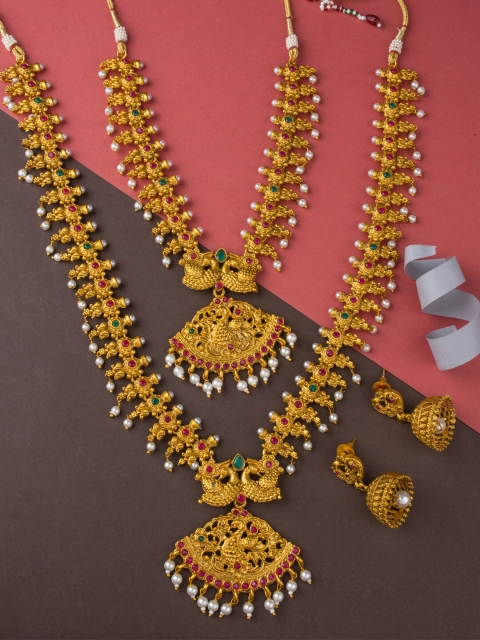 

Alankruthi Gold-Plated Pink & Green Stone-Studded & Pearl Beaded Peacock Hara Temple Jewellery Set