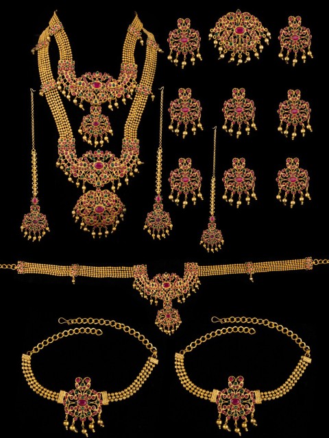 

Alankruthi Gold-Plated Pink & Green Stone-Studded & Beaded Temple Bridal Jewellery Set