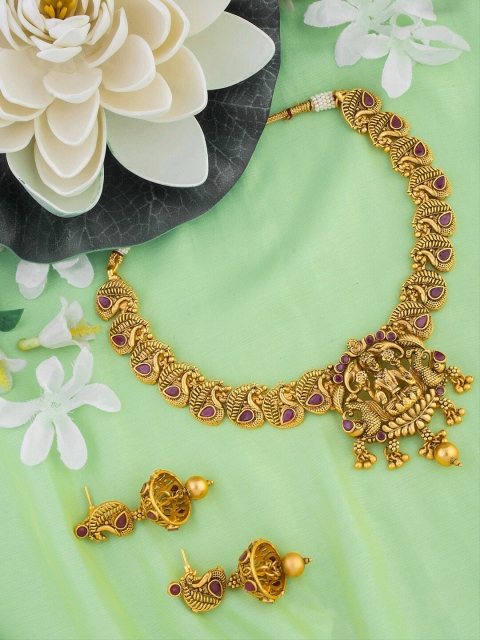 

Alankruthi Gold-Plated Pink & Green Stone-Studded & Beaded Temple Jewellery Set