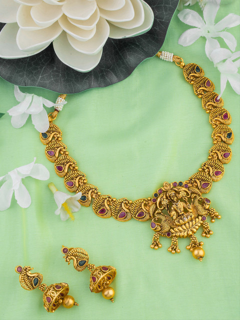 

Alankruthi Gold-Plated Pink & Off White Stone-Studded Beaded Temple Jewellery Set