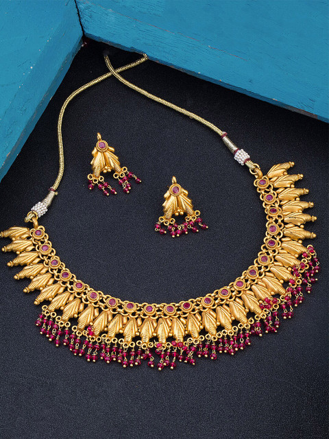 

Alankruthi Gold-Plated Pink Stone-Studded & Beaded Temple Jewellery Set