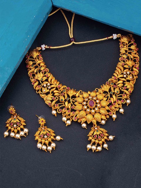 

Alankruthi Gold-Plated Stone-Studded & Beaded Temple Jewellery Set