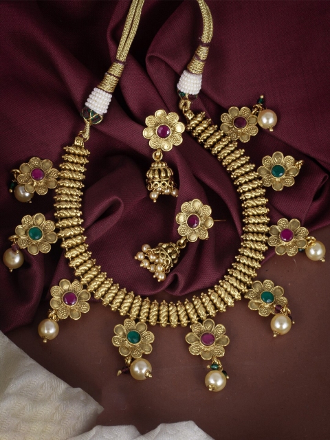 

Alankruthi Gold-Plated Stone-Studded & Beaded Temple Jewellery Set