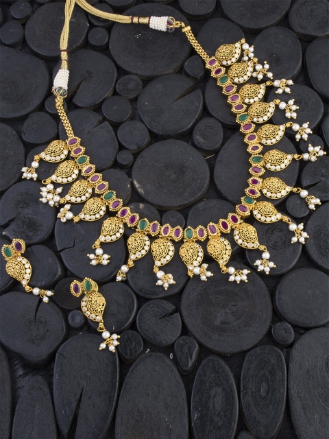 

Alankruthi Gold-Plated Stone-Studded & Beaded Temple Jewellery Set
