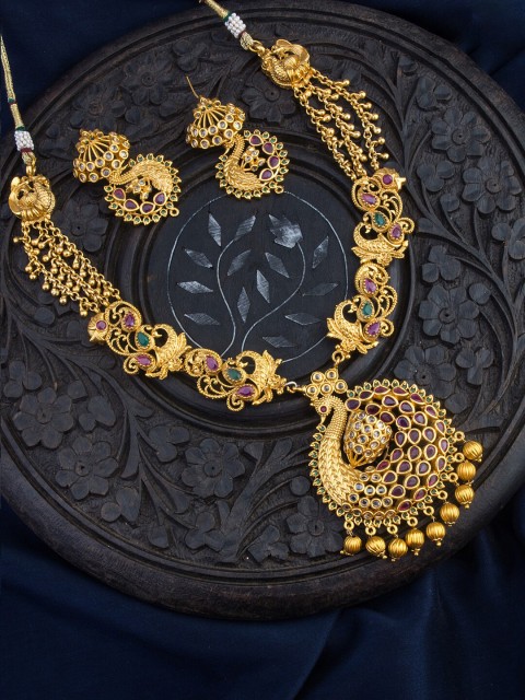 

Alankruthi Gold-Plated Pink & Green Stone-Studded & Beaded Temple Jewellery Set