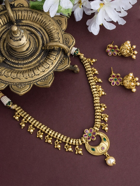 

Alankruthi Gold-Plated Stone-Studded & Beaded Temple Jewellery Set