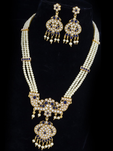 

Alankruthi Gold-Plated Blue Marron Stone-Studded & White Pearl Beaded Temple Jewellery Set