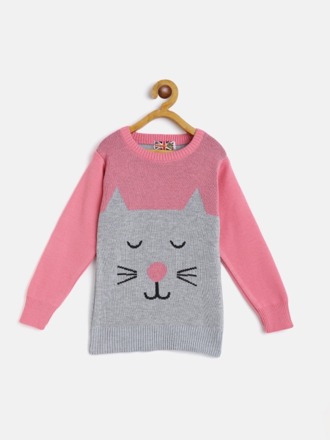 

GAME BEGINS Girls Grey Melange & Pink Conversational Self-Design Pullover Sweater