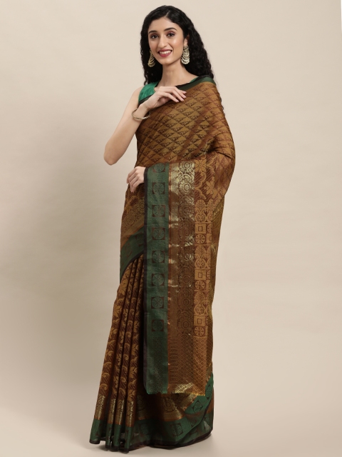 

Pavechas Brown Floral Zari Silk Cotton Banarasi Saree