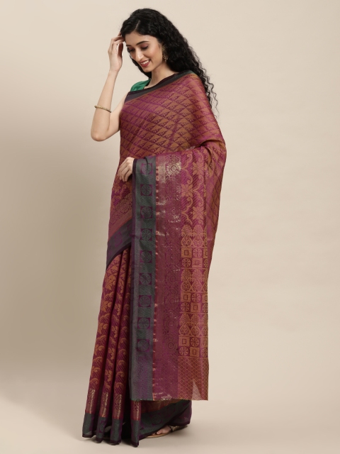 

Pavechas Magenta Floral Zari Silk Cotton Banarasi Saree