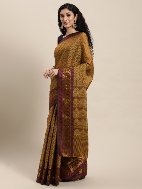 

Pavechas Brown Ethnic Motifs Zari Silk Cotton Banarasi Saree