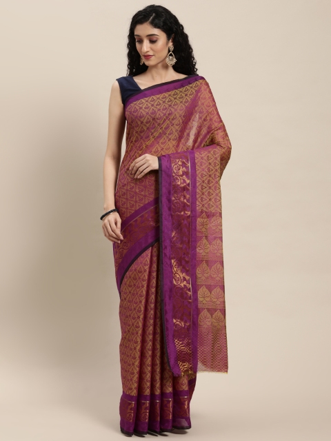 

Pavechas Magenta & Yellow Ethnic Motifs Zari Silk Cotton Banarasi Saree