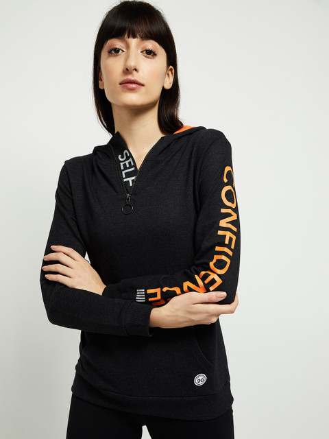 

max Women Charcoal Grey & Orange Typography Printed Hooded Sweatshirt