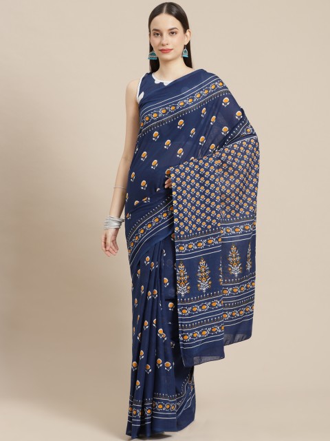 

mokshi Navy Blue & Orange Floral Pure Cotton Saree