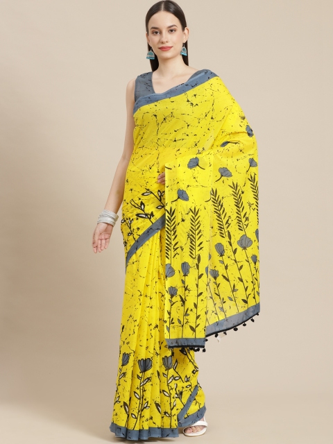 

mokshi Yellow & Grey Floral Pure Cotton Saree