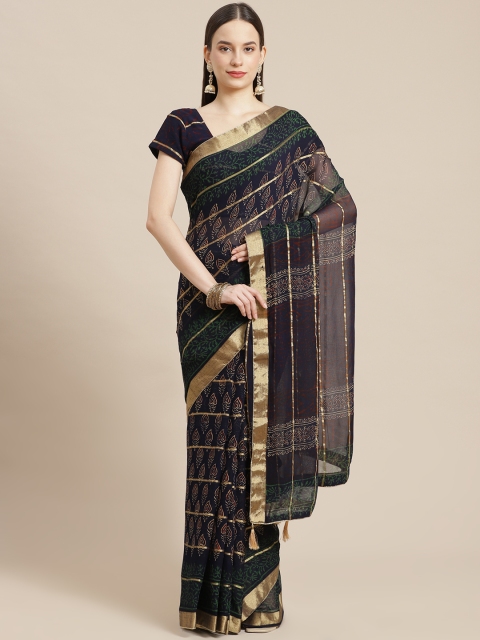 

mokshi Blue & Gold-Toned Woven Design Zari Pure Georgette Block Print Saree