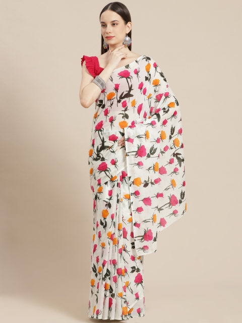 

mokshi White & Pink Floral Pure Cotton Saree
