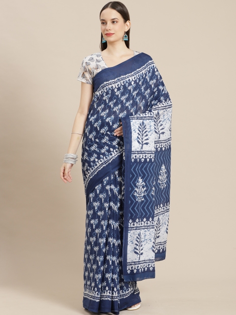 

mokshi Blue & White Ethnic Motifs Pure Cotton Saree