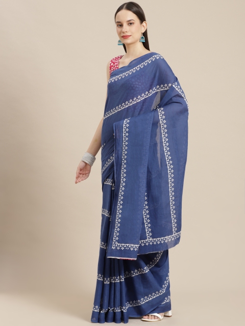 

mokshi Blue & White Striped Pure Cotton Saree