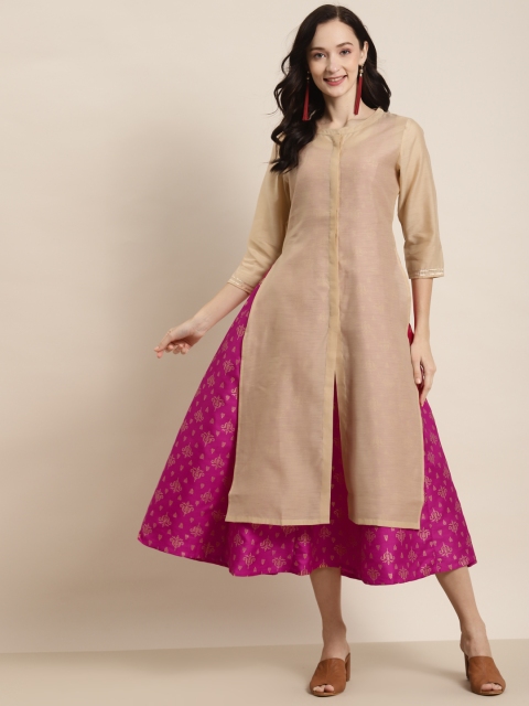 

Shae by SASSAFRAS Fuchsia & Beige Floral Layered Maxi Dress with Chanderi Jacket