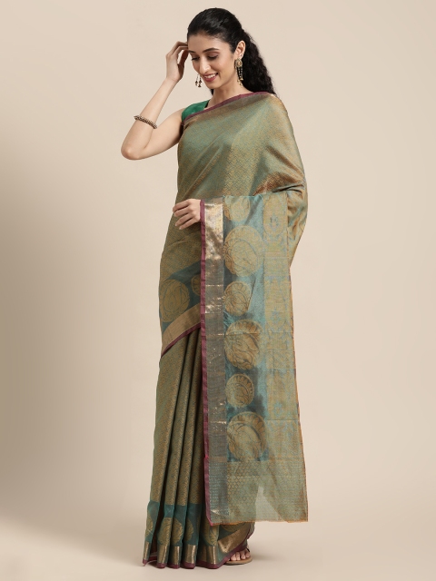 

KALINI Green & Sea Green Ethnic Motifs Silk Cotton Banarasi Saree
