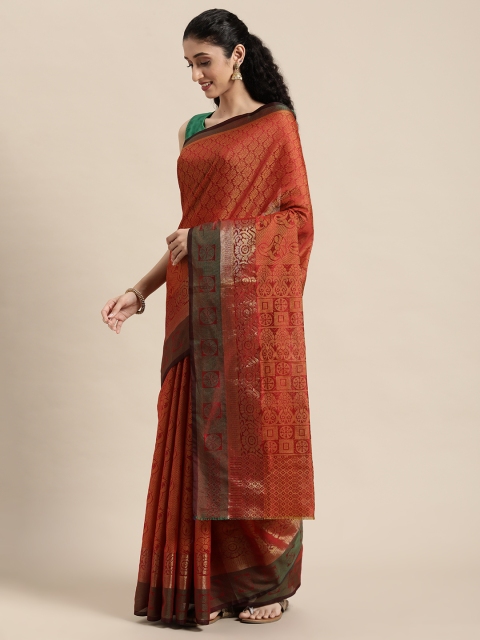 

KALINI Red & Maroon Ethnic Motifs Zari Silk Cotton Banarasi Saree