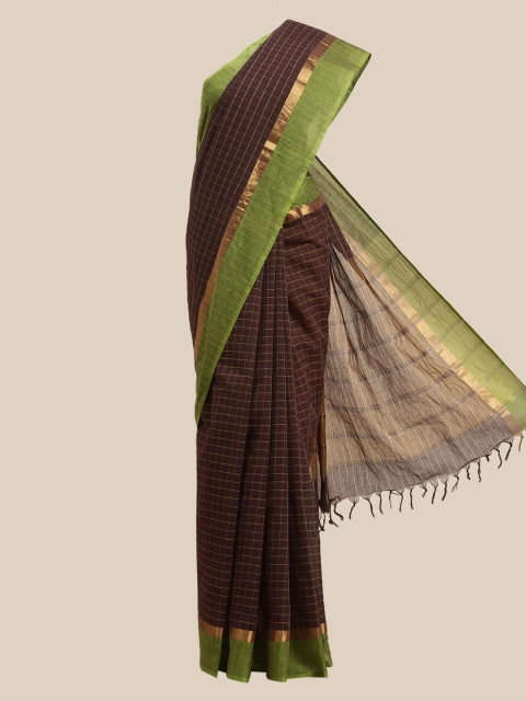 

The Chennai Silks Brown & Green Checked Zari Pure Cotton Saree