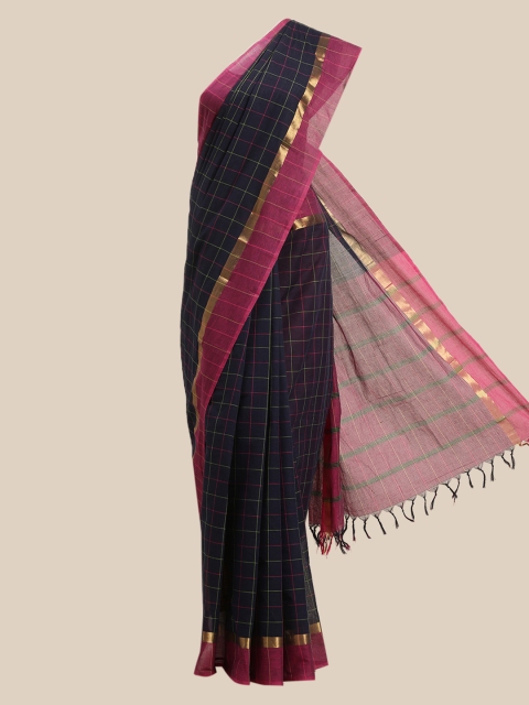 

The Chennai Silks Navy Blue & Pink Checked Zari Pure Cotton Saree