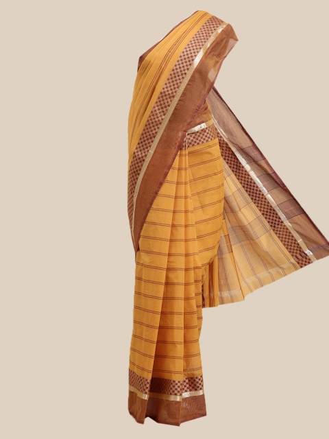 

The Chennai Silks Mustard & Maroon Striped Zari Pure Cotton Saree