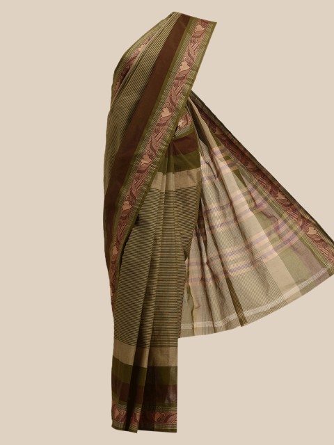 

The Chennai Silks Green & Brown Striped Pure Cotton Saree