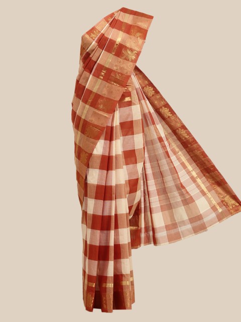 

The Chennai Silks Red & Cream-Coloured Checked Zari Pure Cotton Saree