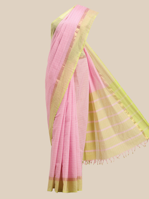 

The Chennai Silks Pink & Green Checked Zari Pure Cotton Saree