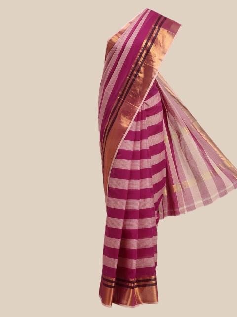 

The Chennai Silks Magenta & Gold-Toned Striped Zari Pure Cotton Venkatgiri Saree