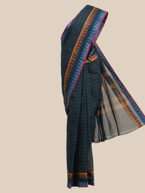 

The Chennai Silks Navy Blue & Orange Checked Pure Cotton Saree