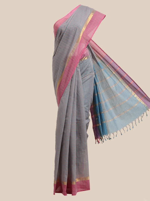 

The Chennai Silks Grey & Pink Checked Zari Pure Cotton Saree