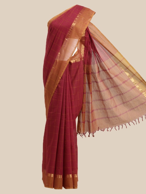 

The Chennai Silks Maroon & Yellow Checked Zari Pure Cotton Saree