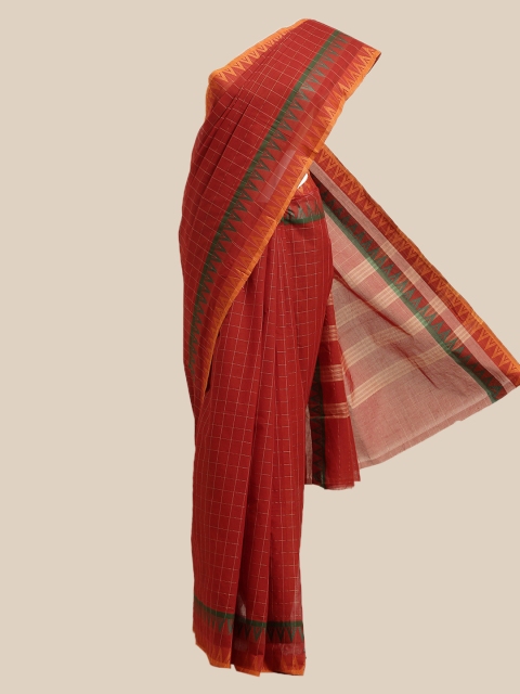 

The Chennai Silks Rust & Green Checked Pure Cotton Saree