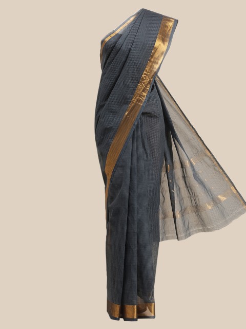 

The Chennai Silks Charcoal & Gold-Toned Checked Zari Pure Cotton Venkatgiri Saree