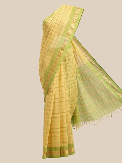 

The Chennai Silks Yellow & Green Checked Zari Pure Cotton Saree