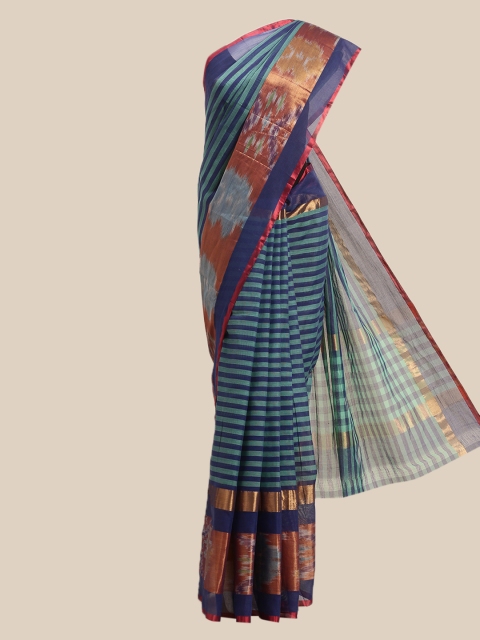 

The Chennai Silks Blue & Brown Striped Zari Pure Cotton Venkatgiri Saree