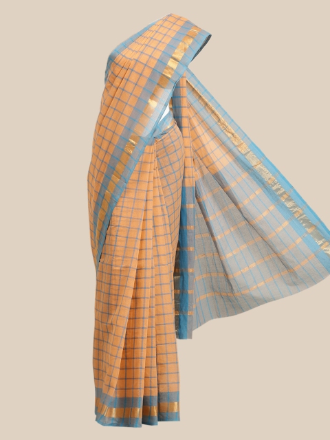 

The Chennai Silks Orange & Blue Checked Pure Cotton Saree