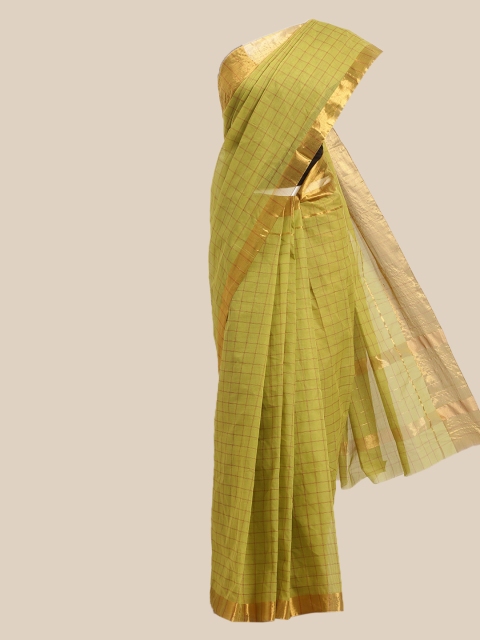 

The Chennai Silks Lime Green & Gold-Toned Checked Zardozi Pure Cotton Venkatgiri Saree