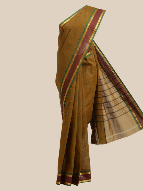 

The Chennai Silks Olive Green & Maroon Checked Zari Pure Cotton Chettinad Saree