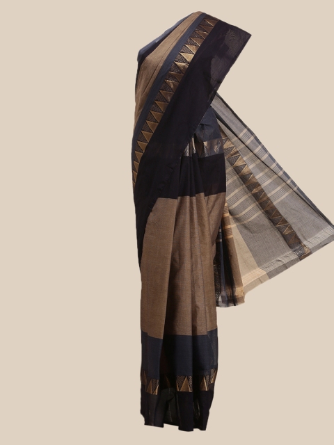 

The Chennai Silks Brown & Navy Blue Colourblocked Zari Pure Cotton Saree