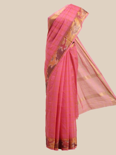 

The Chennai Silks Pink & Yellow Checked Zari Pure Cotton Venkatgiri Saree