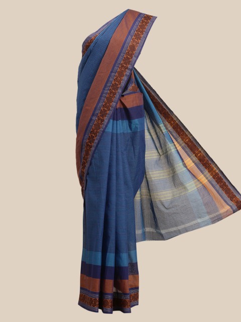 

The Chennai Silks Navy Blue & Brown Striped Pure Cotton Saree